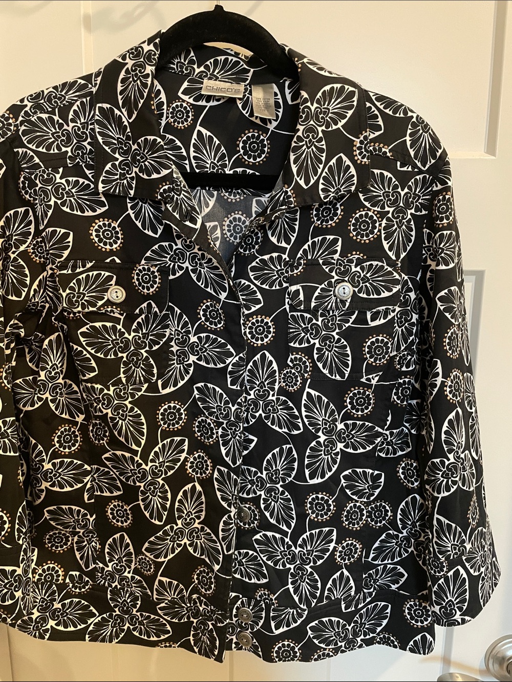 Chico's Black and White Floral Button-Front Jacket